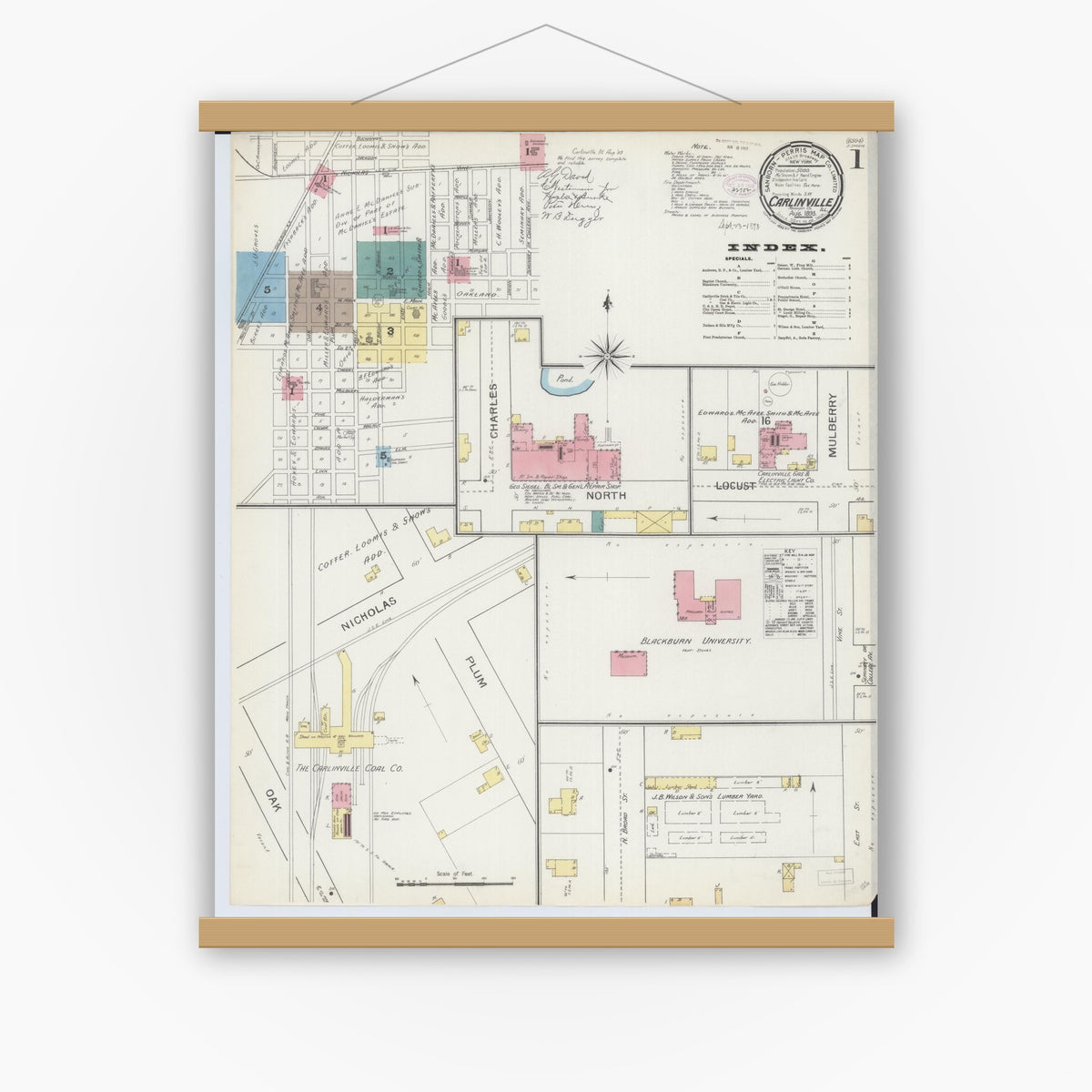 Old map wall art mockup — magnetic wood frame on white wall — Sanborn Fire Insurance Map from Carlinville, Macoupin County, Illinois (1893) - Complete Map Set