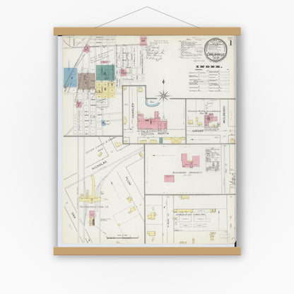 Old map wall art mockup — magnetic wood frame on white wall — Sanborn Fire Insurance Map from Carlinville, Macoupin County, Illinois (1893) - Complete Map Set