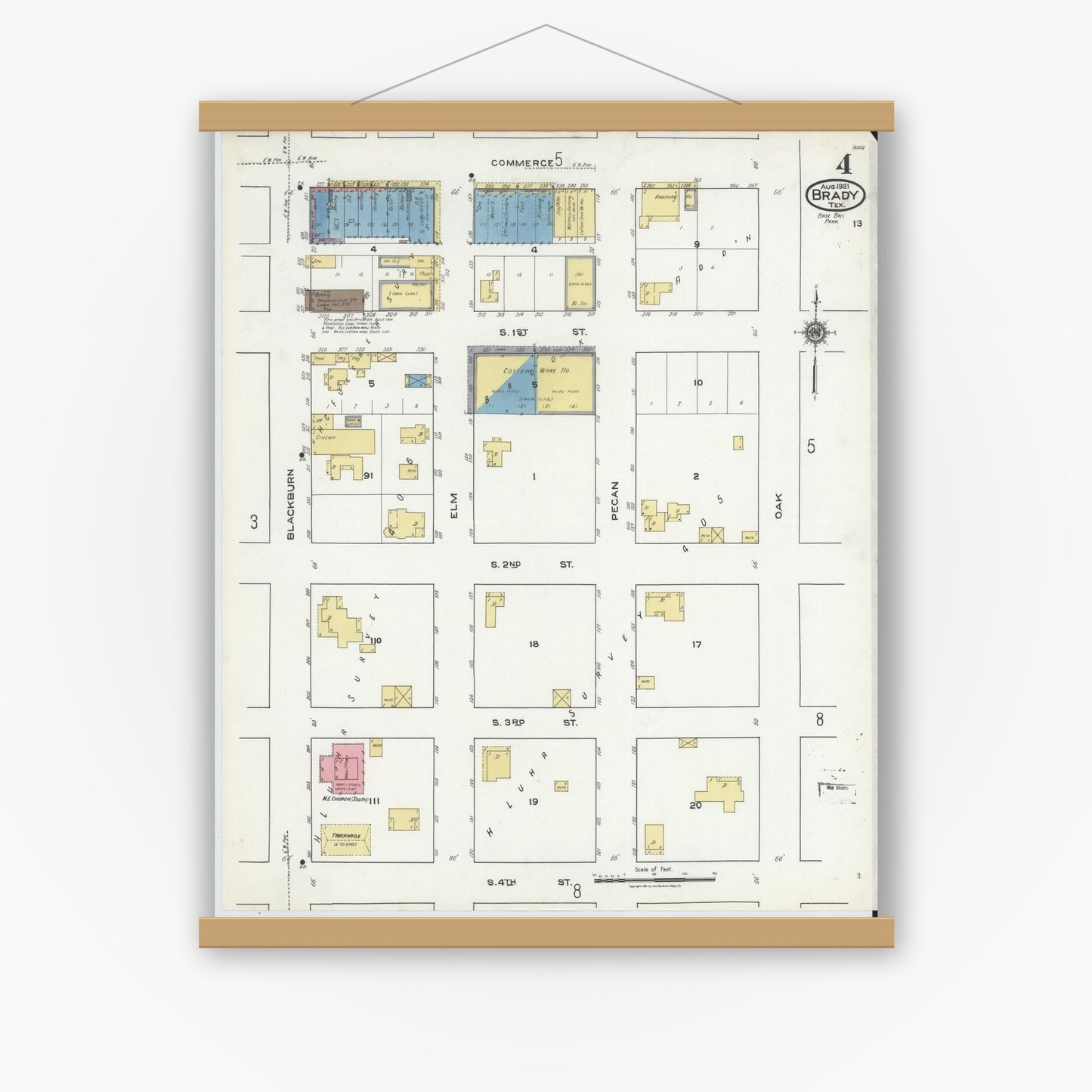 Old map wall art mockup — magnetic wood frame on white wall — Sanborn Fire Insurance Map from Brady, McCulloch County, Texas (1921), Sheet #0004