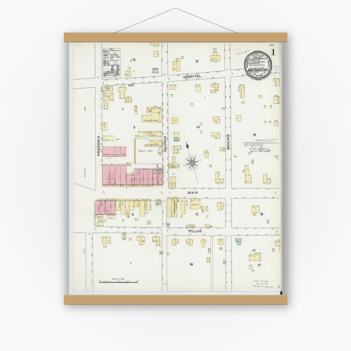 Old map wall art mockup — magnetic wood frame on white wall — Sanborn Fire Insurance Map from Nacogdoches, Nacogdoches County, Texas (1891), Sheet #0001