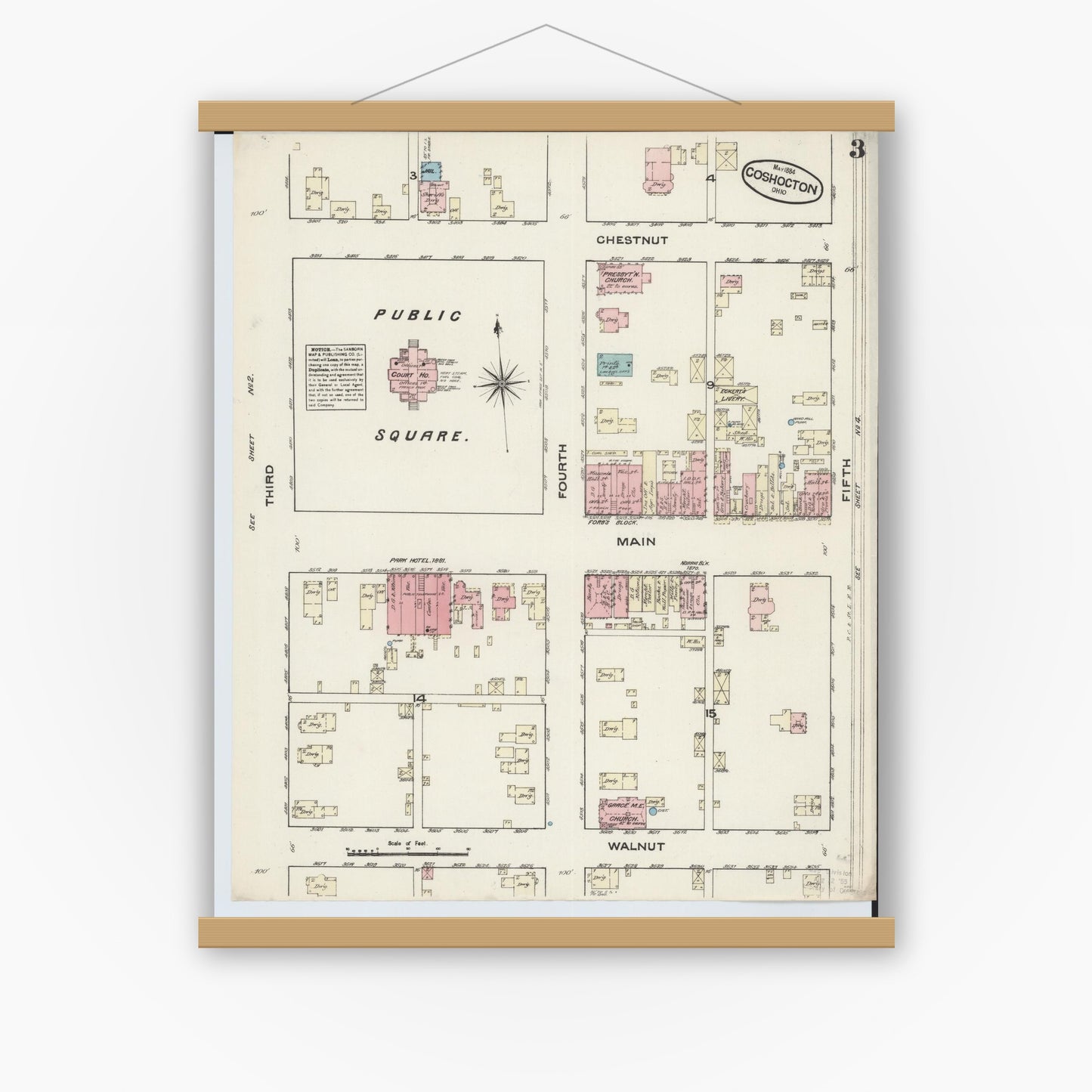 Old map wall art mockup — magnetic wood frame on white wall — Sanborn Fire Insurance Map from Coshocton, Coshocton County, Ohio (1884), Sheet #0003