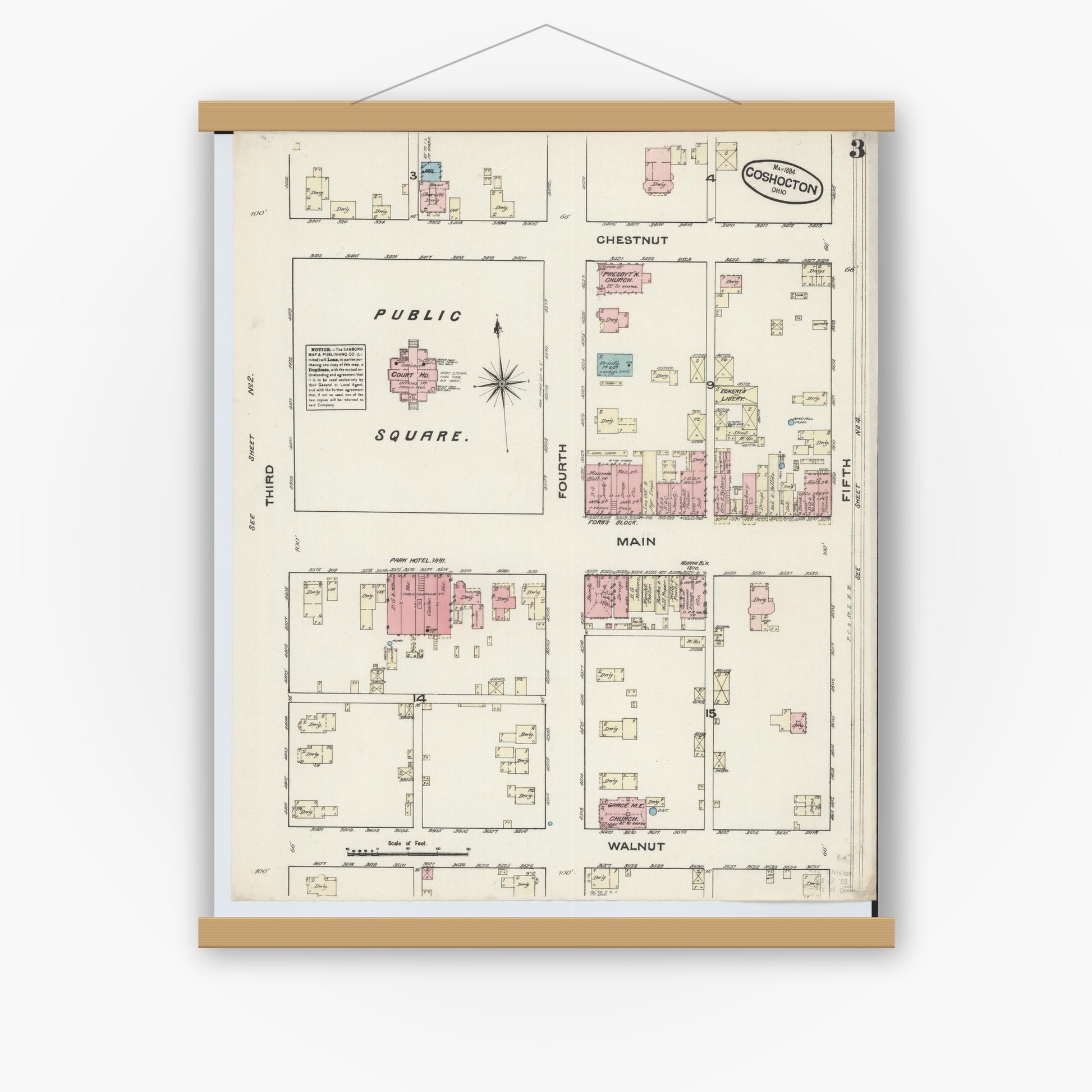 Old map wall art mockup — magnetic wood frame on white wall — Sanborn Fire Insurance Map from Coshocton, Coshocton County, Ohio (1884), Sheet #0003