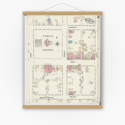 Old map wall art mockup — magnetic wood frame on white wall — Sanborn Fire Insurance Map from Coshocton, Coshocton County, Ohio (1884), Sheet #0003