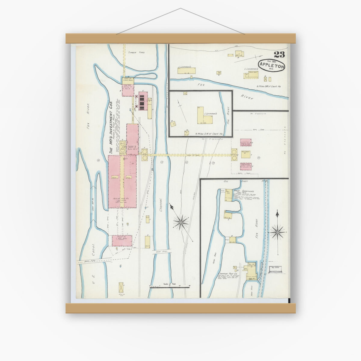 Old map wall art mockup — magnetic wood frame on white wall — Sanborn Fire Insurance Map from Appleton, Outagamie County, Wisconsin (1891), Sheet #0023