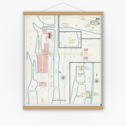 Old map wall art mockup — magnetic wood frame on white wall — Sanborn Fire Insurance Map from Appleton, Outagamie County, Wisconsin (1891), Sheet #0023