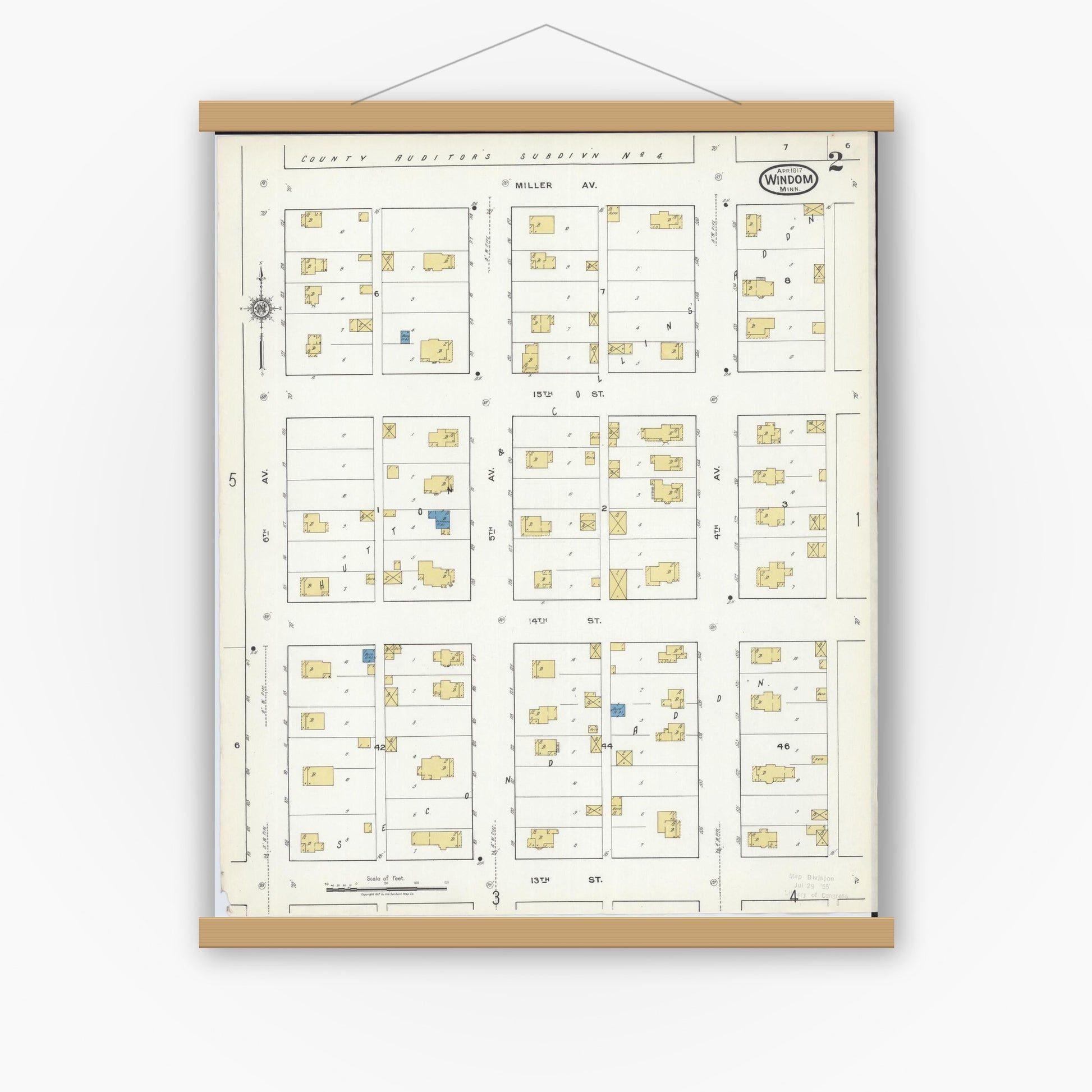 Old map wall art mockup — magnetic wood frame on white wall — Sanborn Fire Insurance Map from Windom, Cottonwood County, Minnesota (1917), Sheet #0002