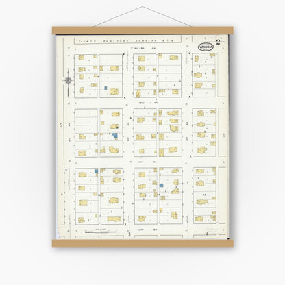Old map wall art mockup — magnetic wood frame on white wall — Sanborn Fire Insurance Map from Windom, Cottonwood County, Minnesota (1917), Sheet #0002