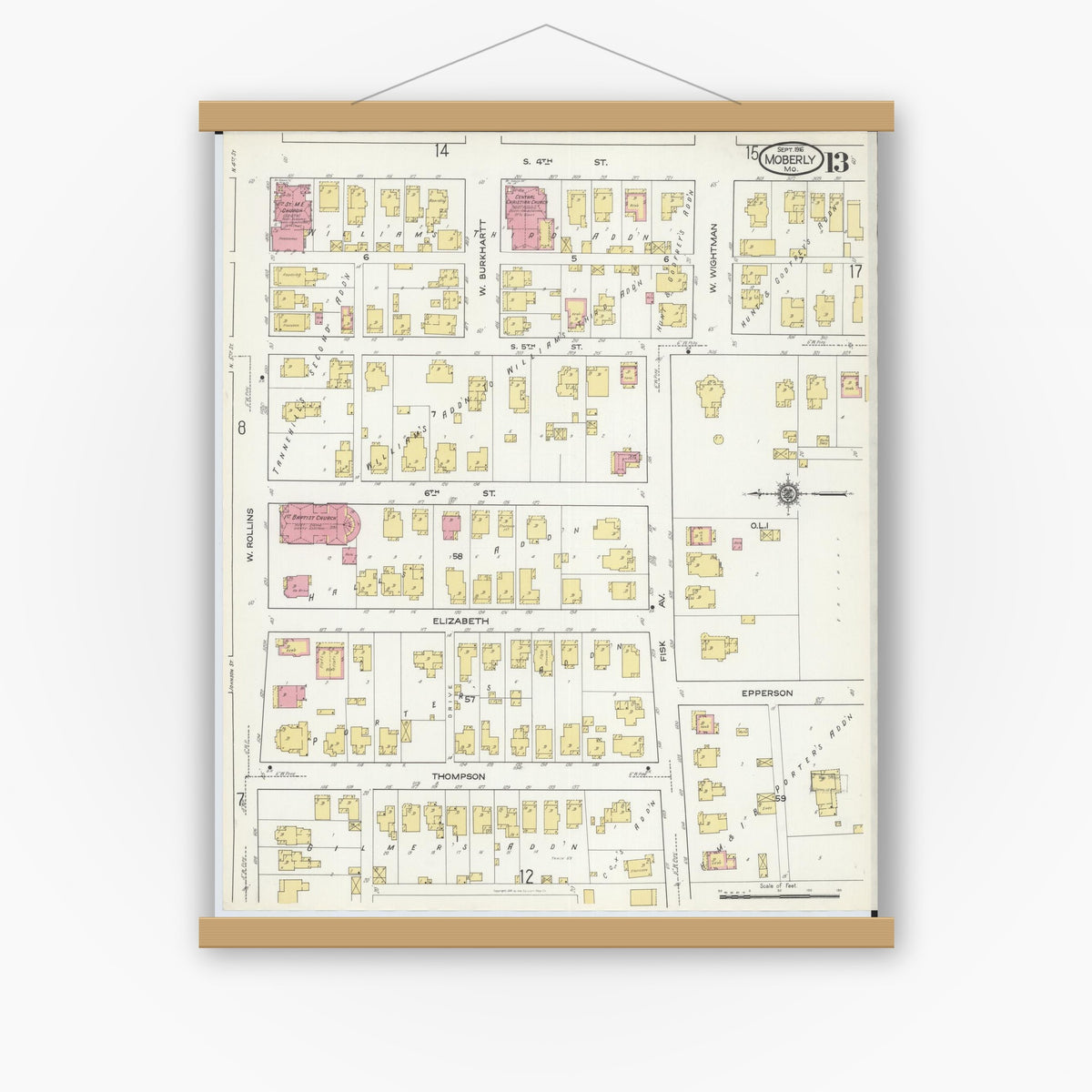 Old map wall art mockup — magnetic wood frame on white wall — Sanborn Fire Insurance Map from Moberly, Randolph County, Missouri (1916), Sheet #0013