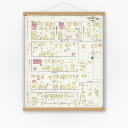 Old map wall art mockup — magnetic wood frame on white wall — Sanborn Fire Insurance Map from Moberly, Randolph County, Missouri (1916), Sheet #0013