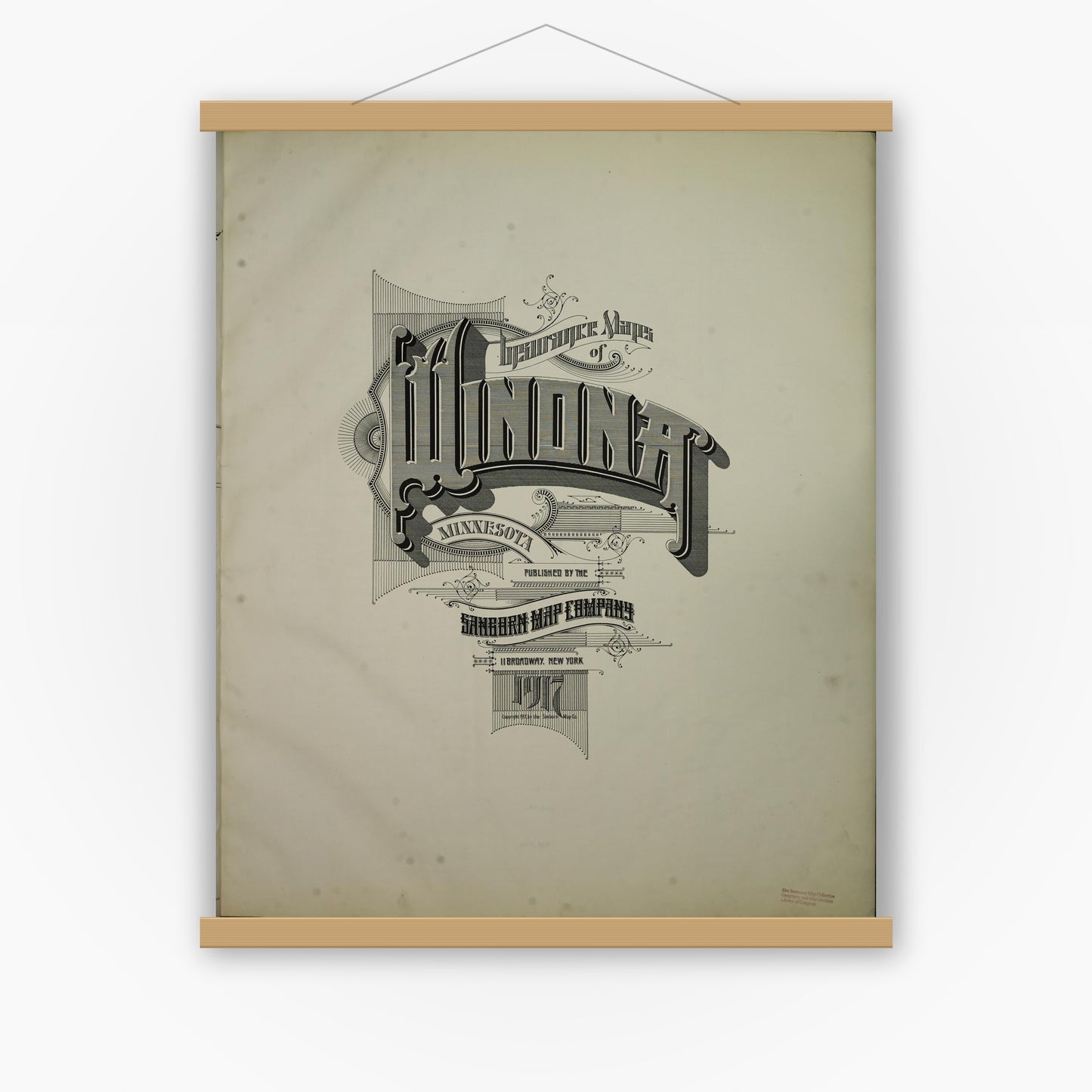Old map wall art mockup — magnetic wood frame on white wall — Sanborn Fire Insurance Map from Winona, Winona County, Minnesota (1917), Sheet #0001