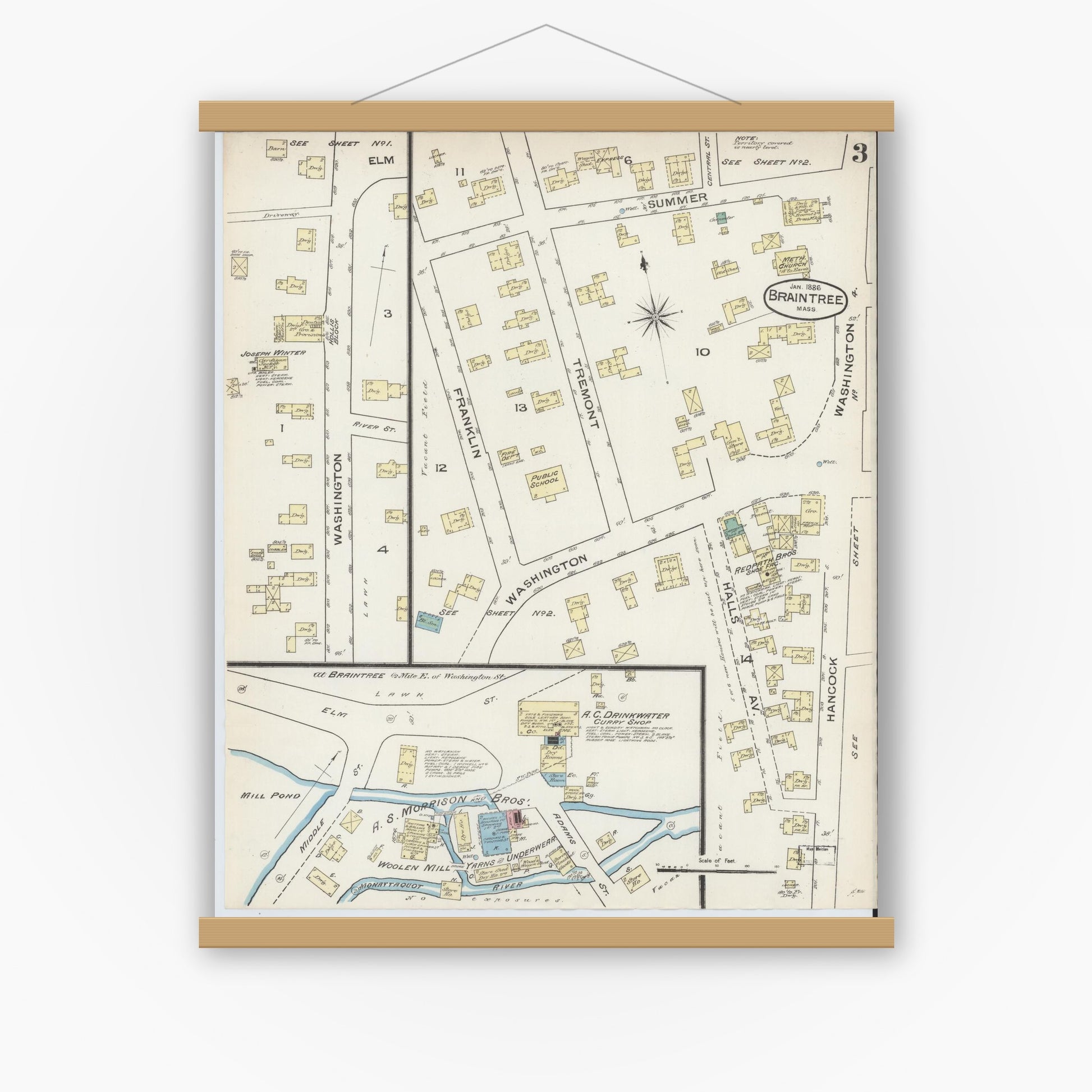 Old map wall art mockup — magnetic wood frame on white wall — Sanborn Fire Insurance Map from Braintree, Norfolk County, Massachusetts (1886), Sheet #0003