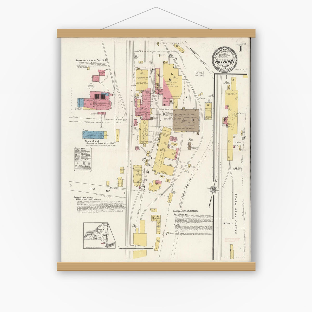 Old map wall art mockup — magnetic wood frame on white wall — Sanborn Fire Insurance Map from Hillburn, Rockland County, New York (1921) - Complete Map Set