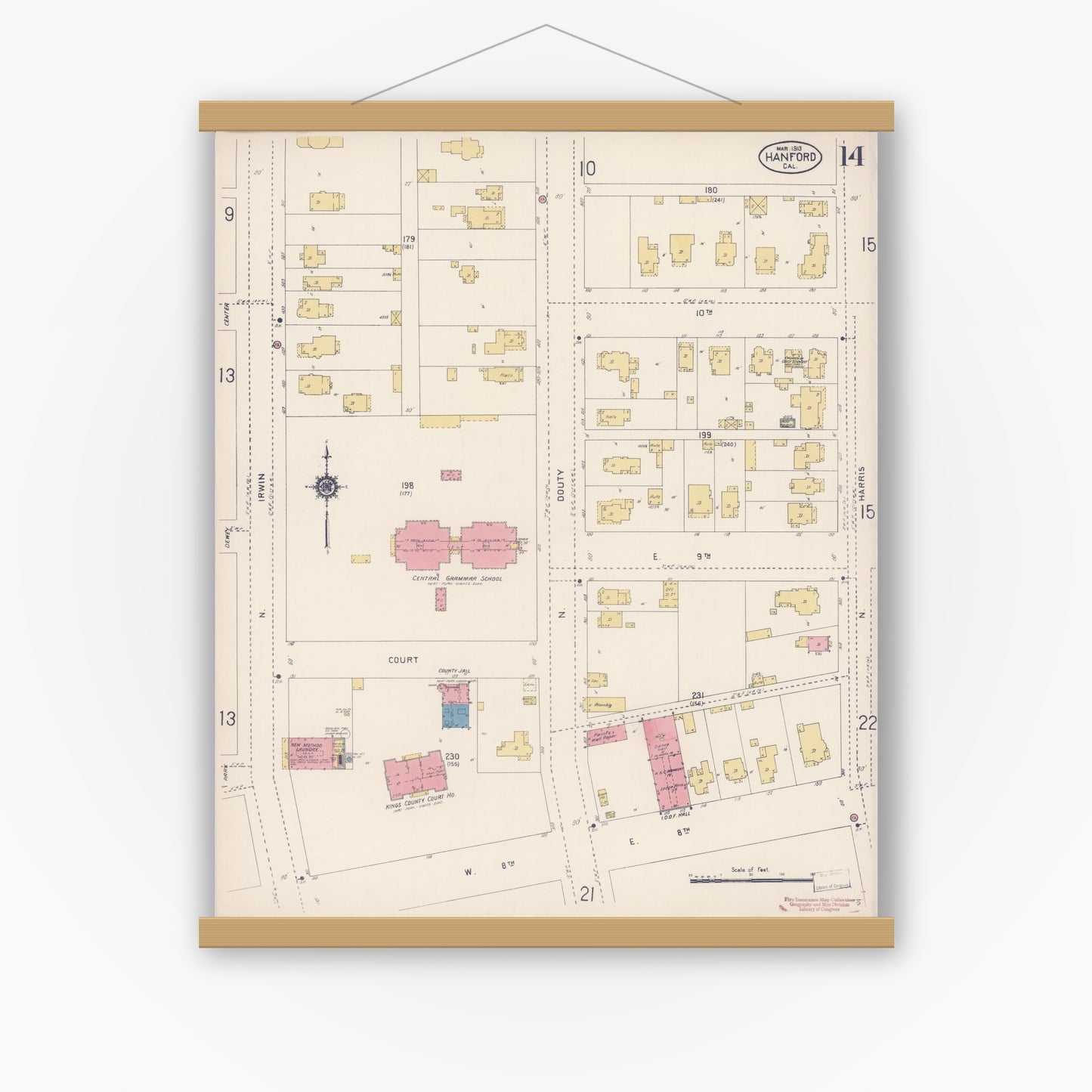 Old map wall art mockup — magnetic wood frame on white wall — Sanborn Fire Insurance Map from Hanford, Kings County, California (1913), Sheet #0014