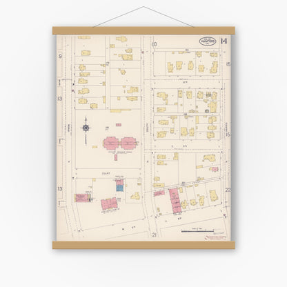 Old map wall art mockup — magnetic wood frame on white wall — Sanborn Fire Insurance Map from Hanford, Kings County, California (1913), Sheet #0014