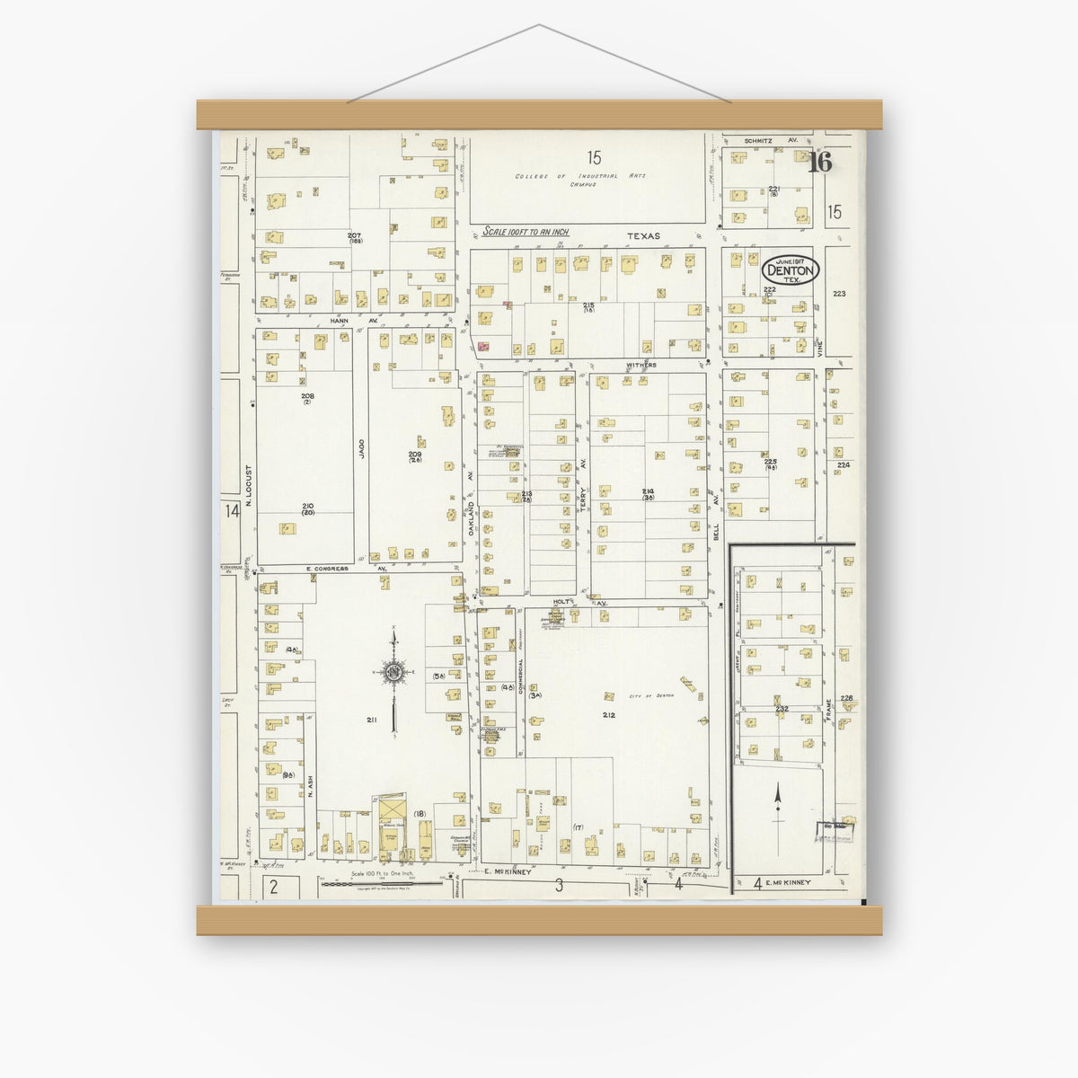 Old map wall art mockup — magnetic wood frame on white wall — Sanborn Fire Insurance Map from Denton, Denton County, Texas (1917), Sheet #0016