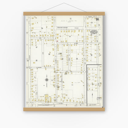 Old map wall art mockup — magnetic wood frame on white wall — Sanborn Fire Insurance Map from Denton, Denton County, Texas (1917), Sheet #0016