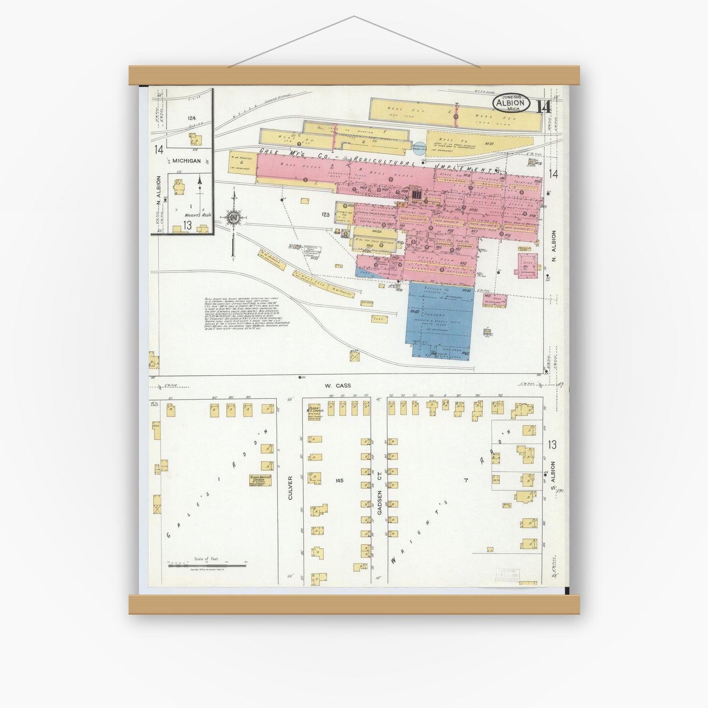 Old map wall art mockup — magnetic wood frame on white wall — Sanborn Fire Insurance Map from Albion, Calhoun County, Michigan (1918), Sheet #0014