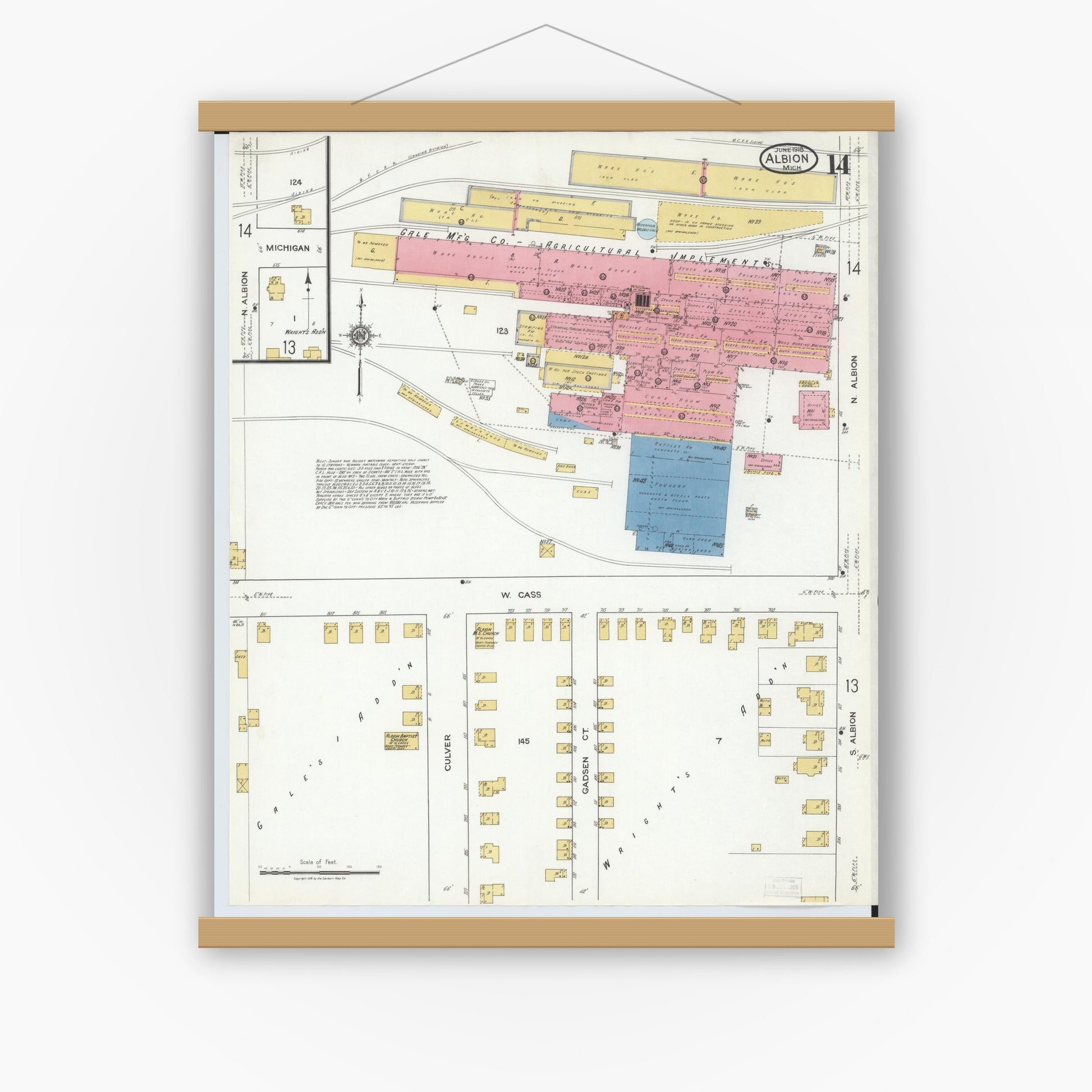 Old map wall art mockup — magnetic wood frame on white wall — Sanborn Fire Insurance Map from Albion, Calhoun County, Michigan (1918), Sheet #0014