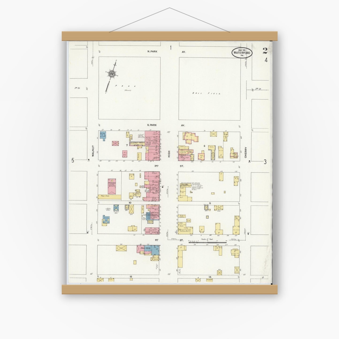Old map wall art mockup — magnetic wood frame on white wall — Sanborn Fire Insurance Map from Waterford, Erie County, Pennsylvania (1911), Sheet #0002