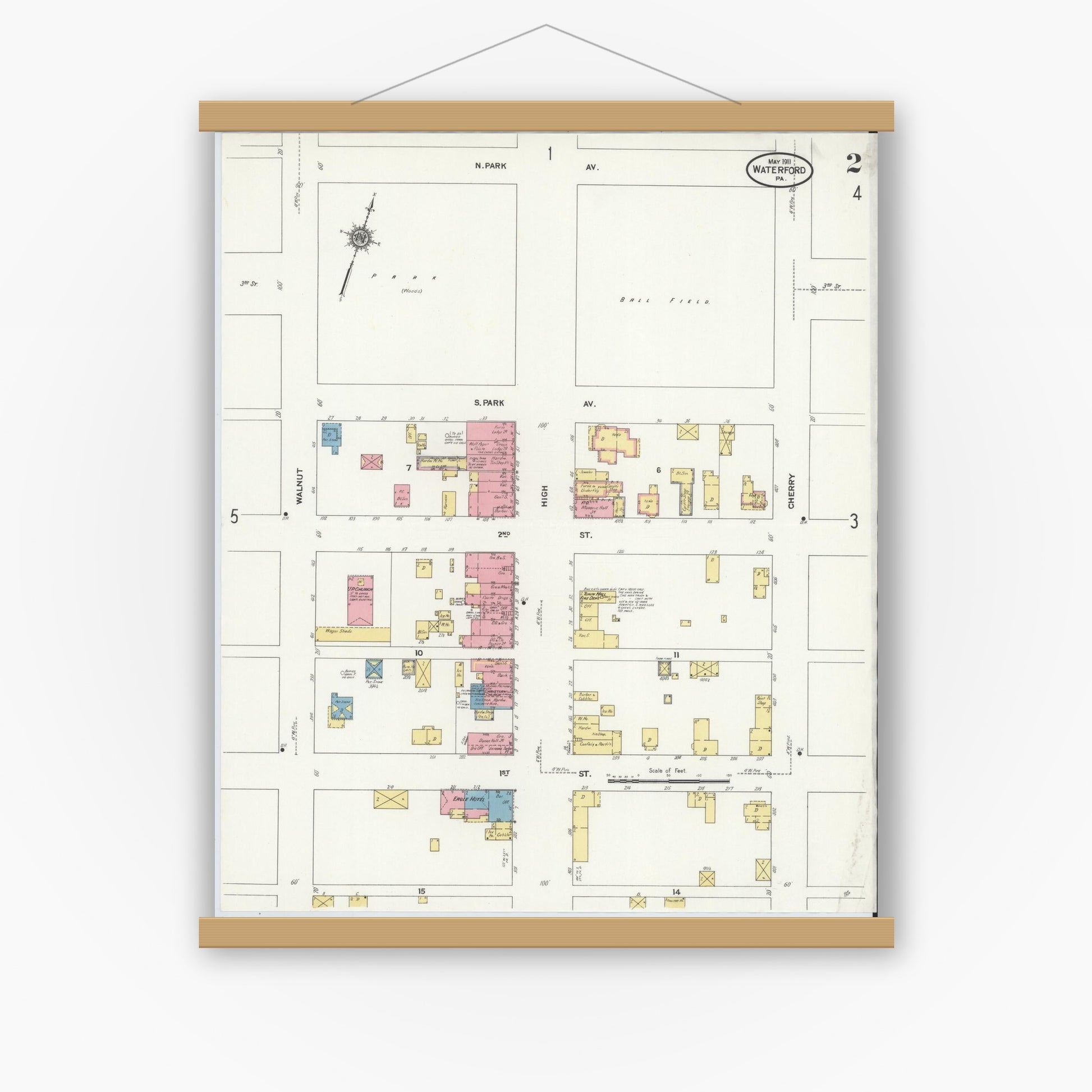 Old map wall art mockup — magnetic wood frame on white wall — Sanborn Fire Insurance Map from Waterford, Erie County, Pennsylvania (1911), Sheet #0002