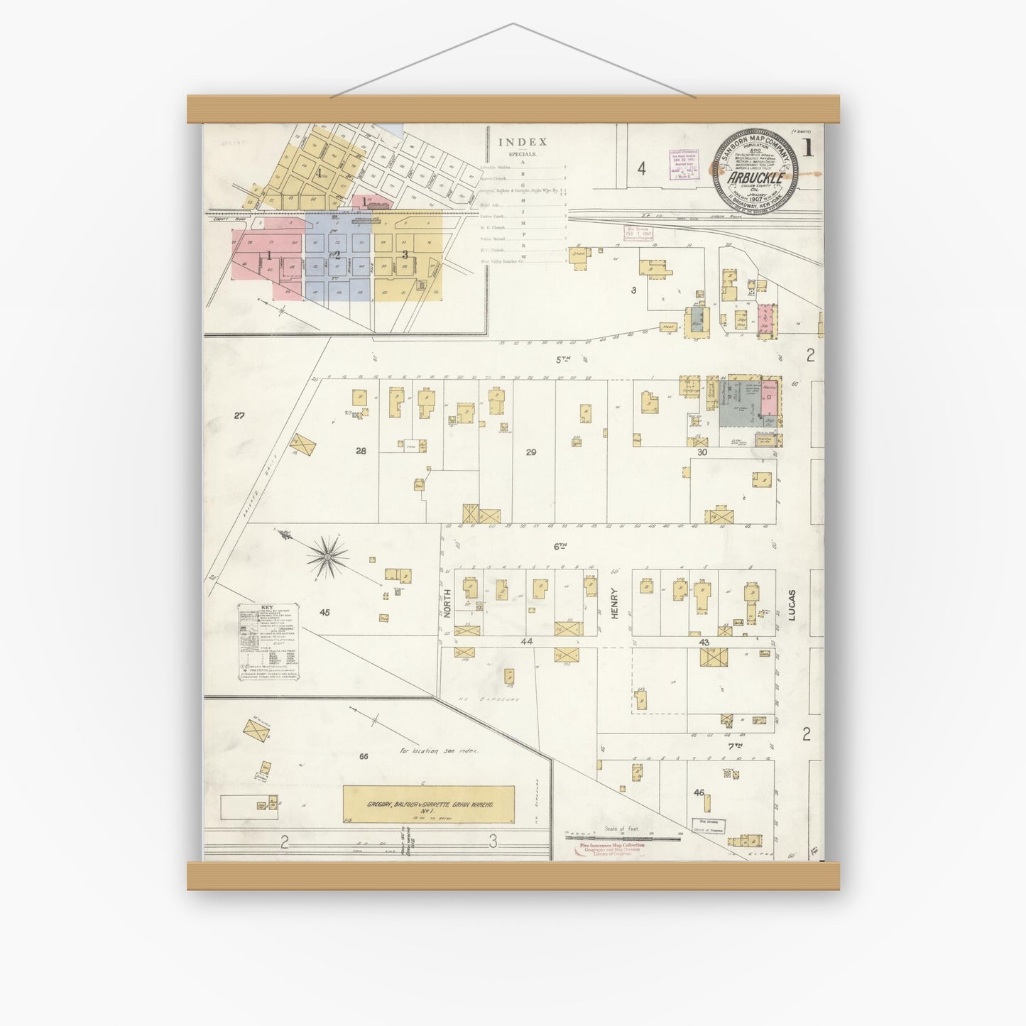 Old map wall art mockup — magnetic wood frame on white wall — Sanborn Fire Insurance Map from Arbuckle, Colusa County, California (1907), Sheet #0001
