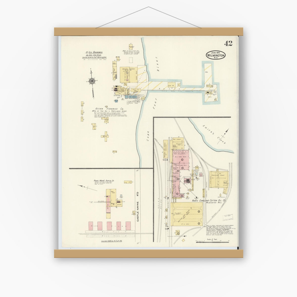 Old map wall art mockup — magnetic wood frame on white wall — Sanborn Fire Insurance Map from Wilmington, New Hanover County, North Carolina (1910), Sheet #0042