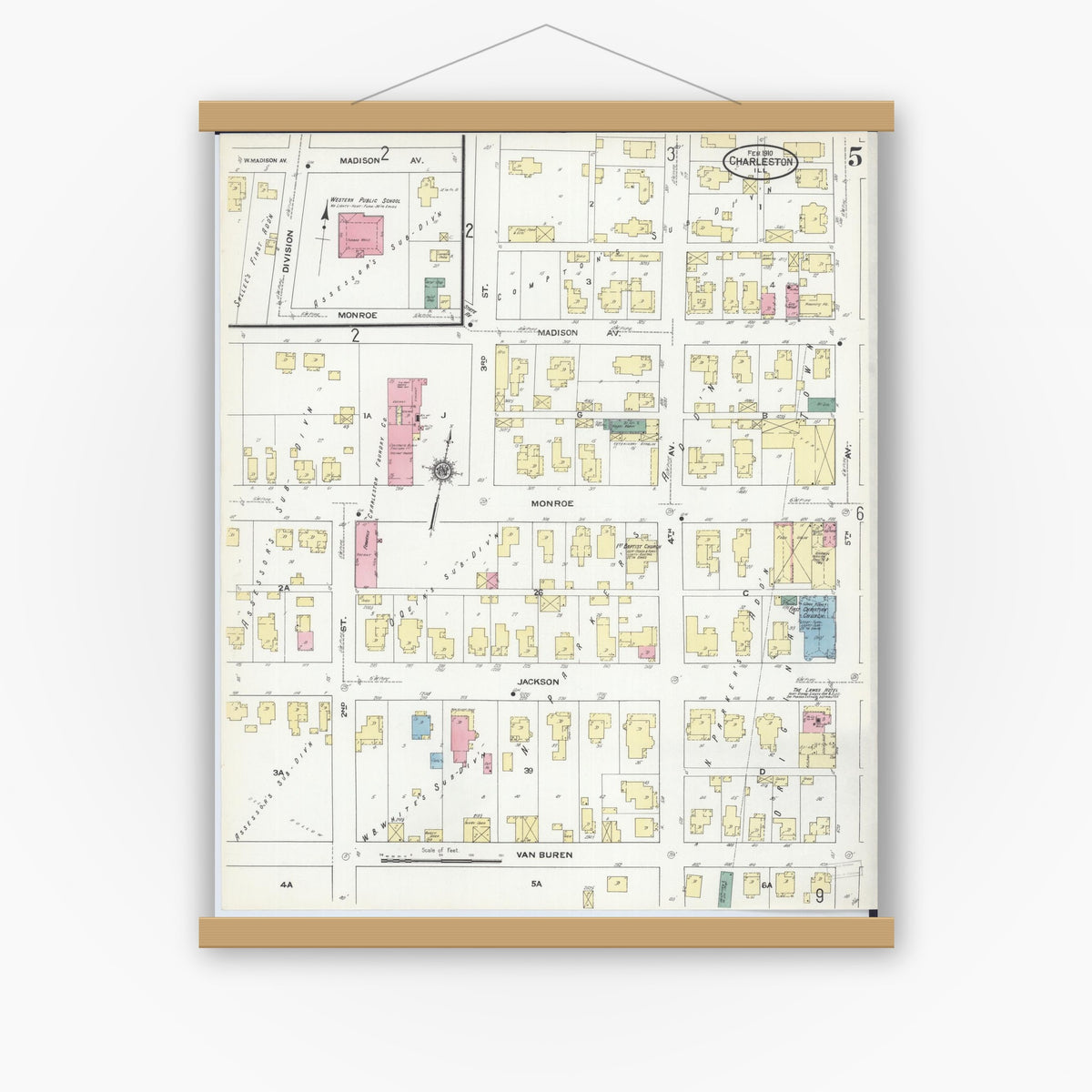 Old map wall art mockup — magnetic wood frame on white wall — Sanborn Fire Insurance Map from Charleston, Coles County, Illinois (1910), Sheet #0005