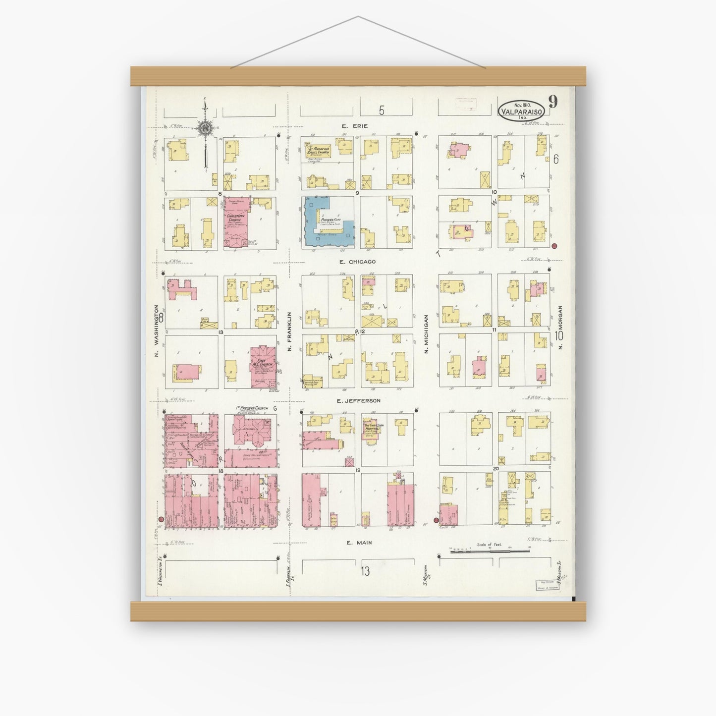Old map wall art mockup — magnetic wood frame on white wall — Sanborn Fire Insurance Map from Valparaiso, Porter County, Indiana (1910), Sheet #0009