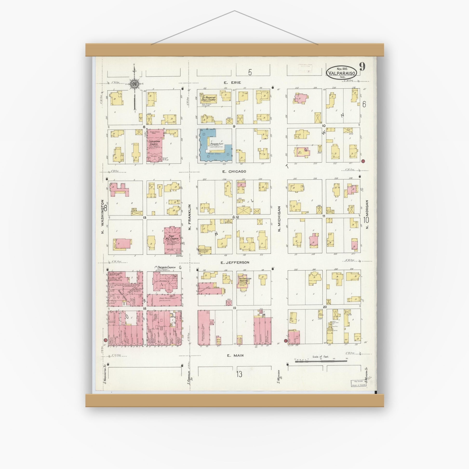 Old map wall art mockup — magnetic wood frame on white wall — Sanborn Fire Insurance Map from Valparaiso, Porter County, Indiana (1910), Sheet #0009
