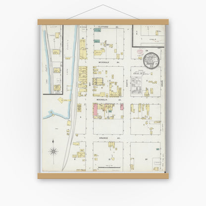 Old map wall art mockup — magnetic wood frame on white wall — Sanborn Fire Insurance Map from Eustis, Lake County, Florida (1895), Sheet #0001