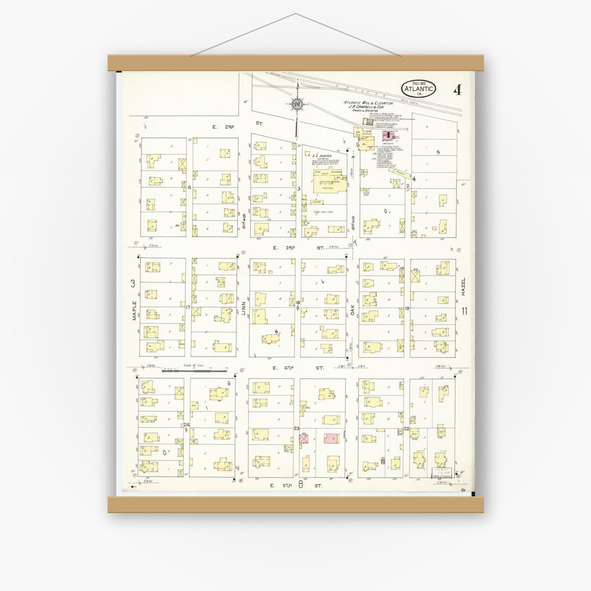 Old map wall art mockup — magnetic wood frame on white wall — Sanborn Fire Insurance Map from Atlantic, Cass County, Iowa (1913), Sheet #0004