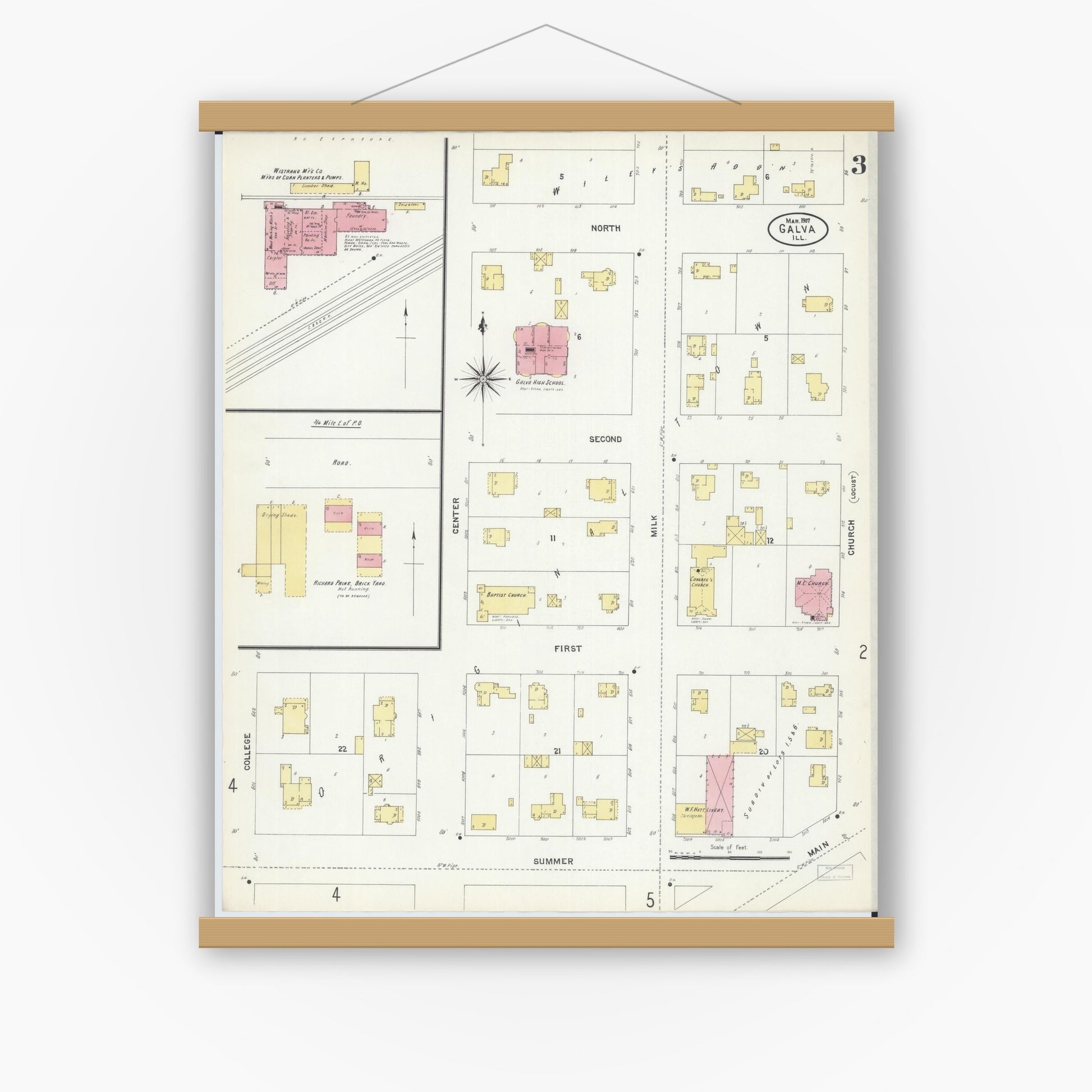 Old map wall art mockup — magnetic wood frame on white wall — Sanborn Fire Insurance Map from Galva, Henry County, Illinois (1907), Sheet #0003