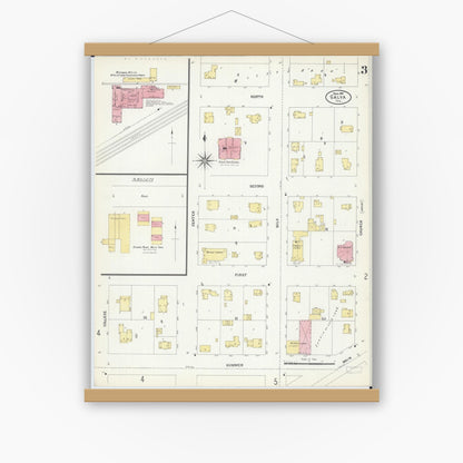 Old map wall art mockup — magnetic wood frame on white wall — Sanborn Fire Insurance Map from Galva, Henry County, Illinois (1907), Sheet #0003