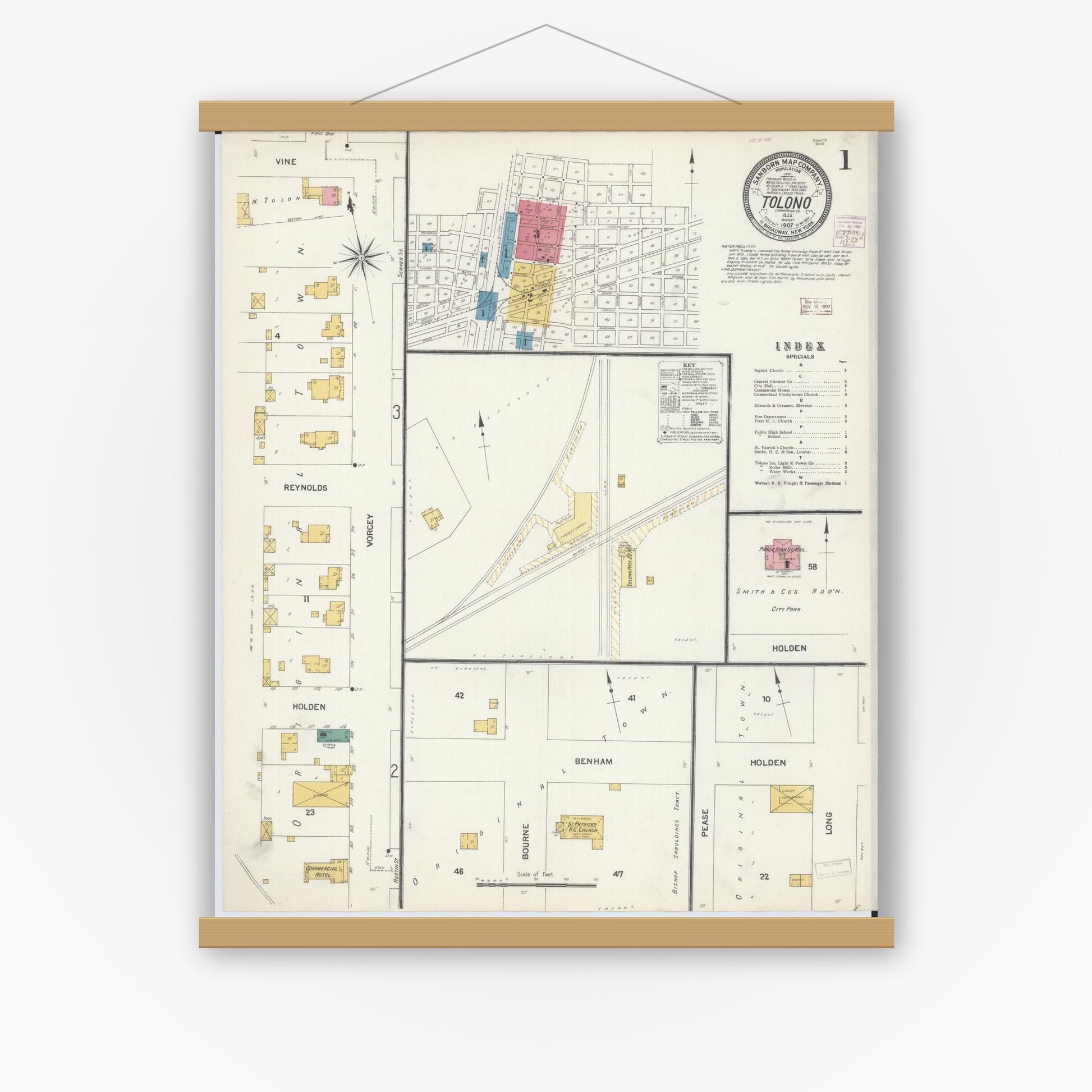 Old map wall art mockup — magnetic wood frame on white wall — Sanborn Fire Insurance Map from Tolono, Champaign County, Illinois (1907) - Complete Map Set
