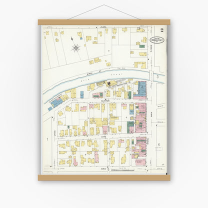 Old map wall art mockup — magnetic wood frame on white wall — Sanborn Fire Insurance Map from Brockport, Monroe County, New York (1909), Sheet #0002