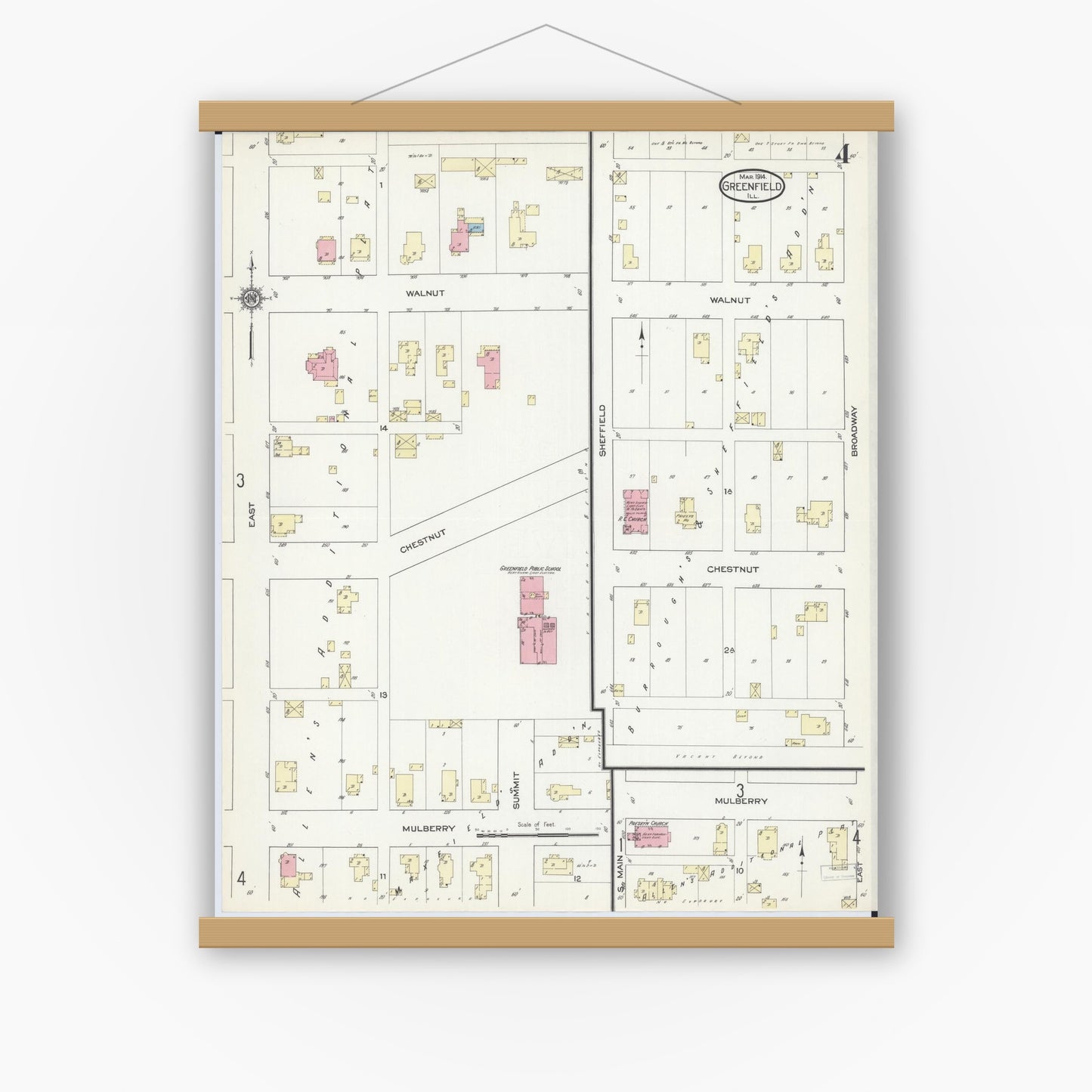 Old map wall art mockup — magnetic wood frame on white wall — Sanborn Fire Insurance Map from Greenfield, Greene County, Illinois (1914), Sheet #0004