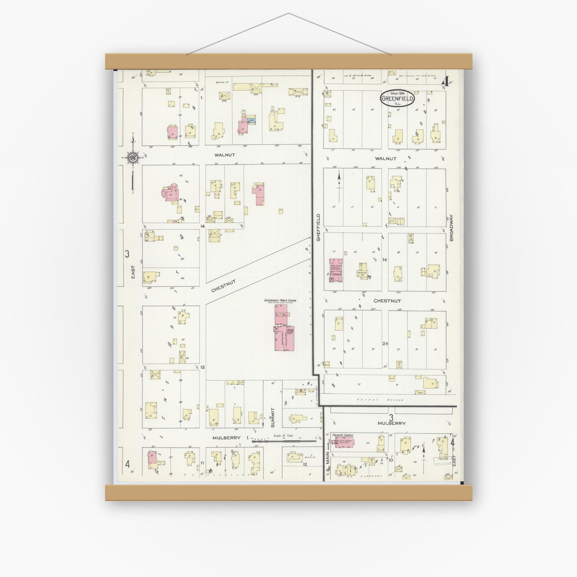 Old map wall art mockup — magnetic wood frame on white wall — Sanborn Fire Insurance Map from Greenfield, Greene County, Illinois (1914), Sheet #0004
