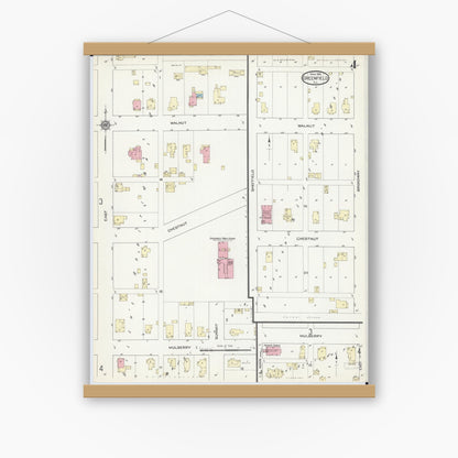Old map wall art mockup — magnetic wood frame on white wall — Sanborn Fire Insurance Map from Greenfield, Greene County, Illinois (1914), Sheet #0004
