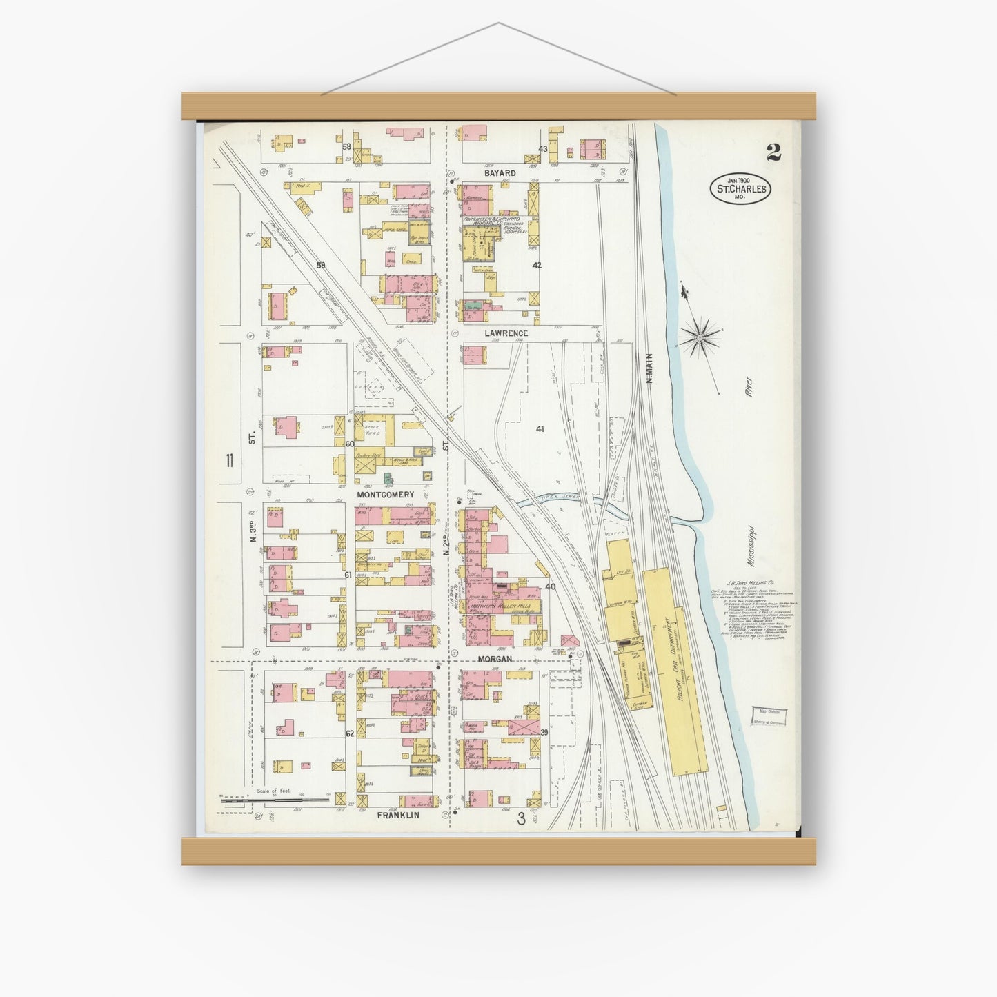 Old map wall art mockup — magnetic wood frame on white wall — Sanborn Fire Insurance Map from Saint Charles, Saint Charles County, Missouri (1900), Sheet #0002