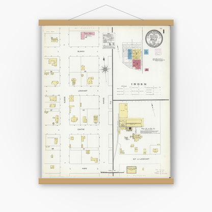 Old map wall art mockup — magnetic wood frame on white wall — Sanborn Fire Insurance Map from Kyle, Hays County, Texas (1907) - Complete Map Set