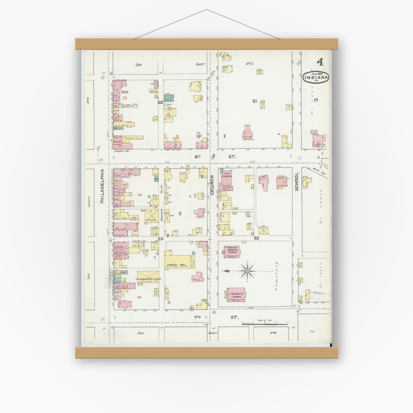 Old map wall art mockup — magnetic wood frame on white wall — Sanborn Fire Insurance Map from Indiana, Indiana County, Pennsylvania (1892), Sheet #0004