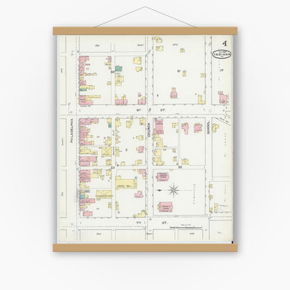 Old map wall art mockup — magnetic wood frame on white wall — Sanborn Fire Insurance Map from Indiana, Indiana County, Pennsylvania (1892), Sheet #0004