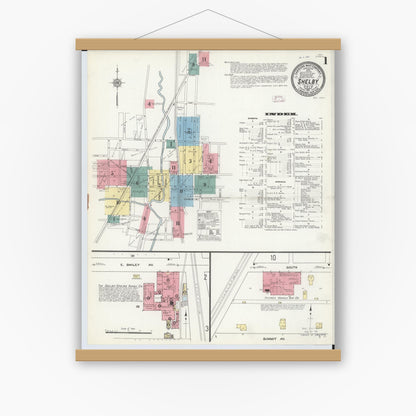 Old map wall art mockup — magnetic wood frame on white wall — Sanborn Fire Insurance Map from Shelby, Richland County, Ohio (1911) - Complete Map Set