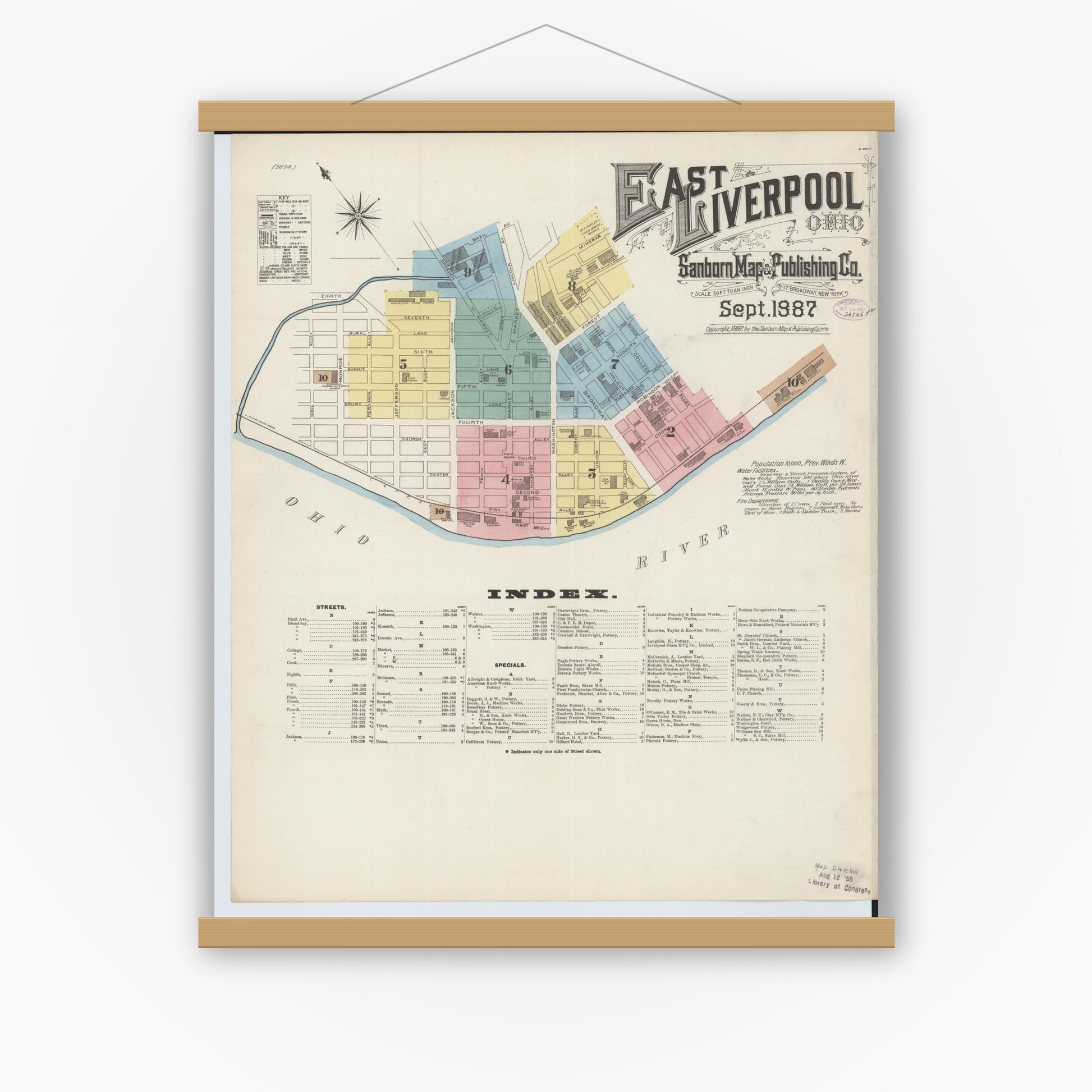 Old map wall art mockup — magnetic wood frame on white wall — Sanborn Fire Insurance Map from East Liverpool, Columbiana County, Ohio (1887), Sheet #0001