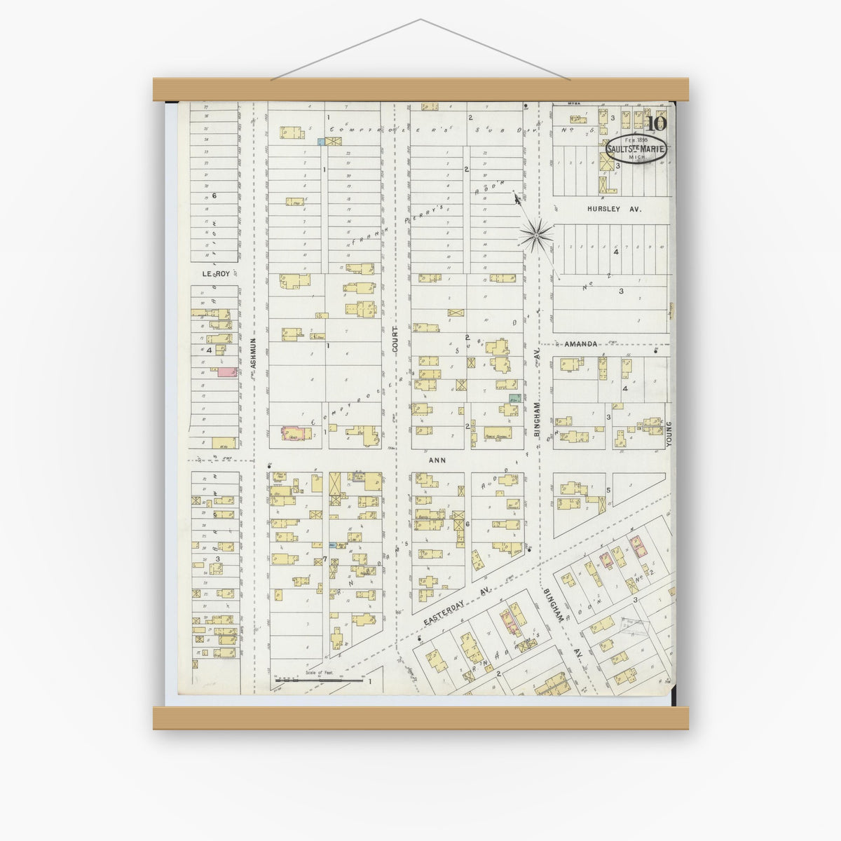 Old map wall art mockup — magnetic wood frame on white wall — Sanborn Fire Insurance Map from Sault Sainte Marie, Chippewa County, Michigan (1895), Sheet #0010