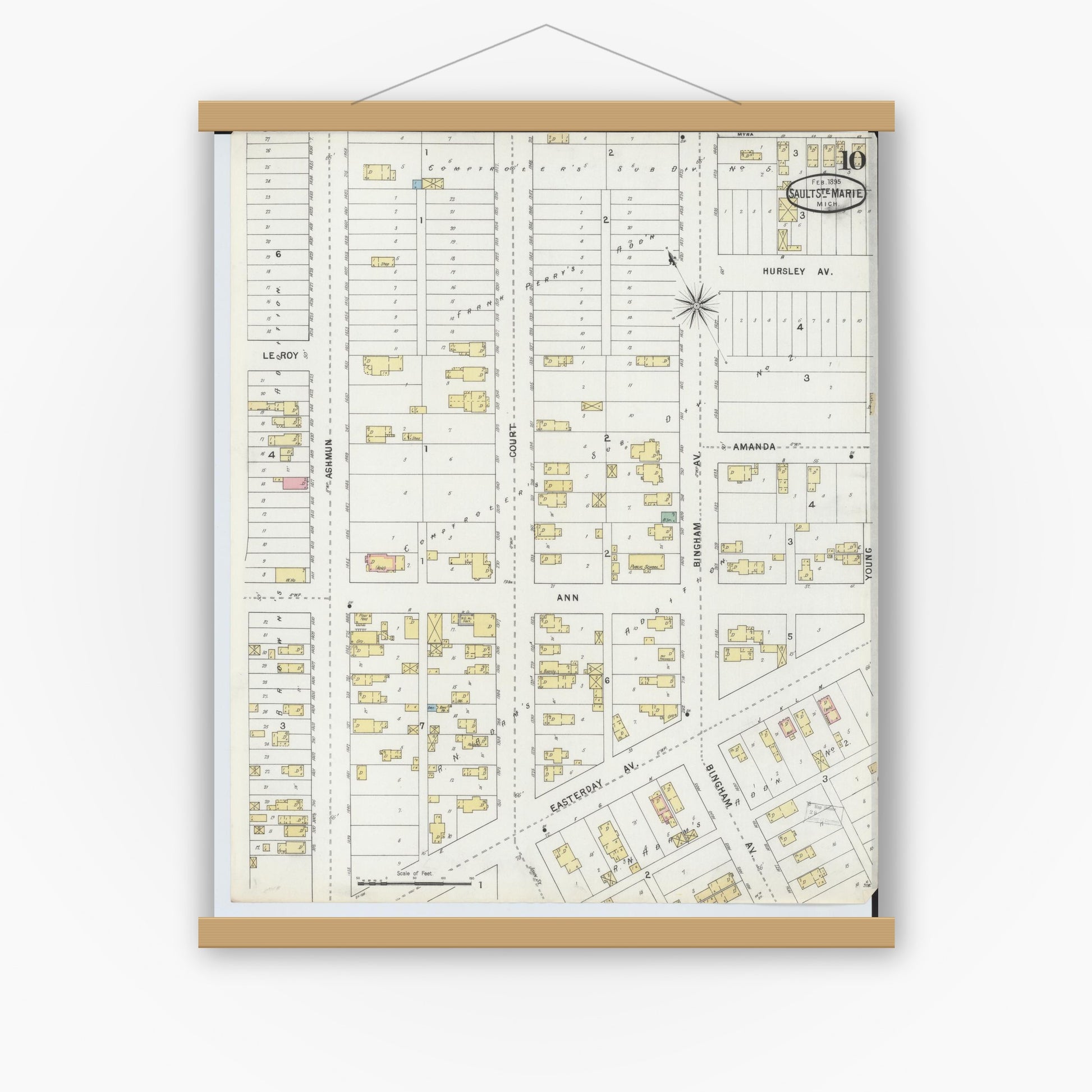 Old map wall art mockup — magnetic wood frame on white wall — Sanborn Fire Insurance Map from Sault Sainte Marie, Chippewa County, Michigan (1895), Sheet #0010