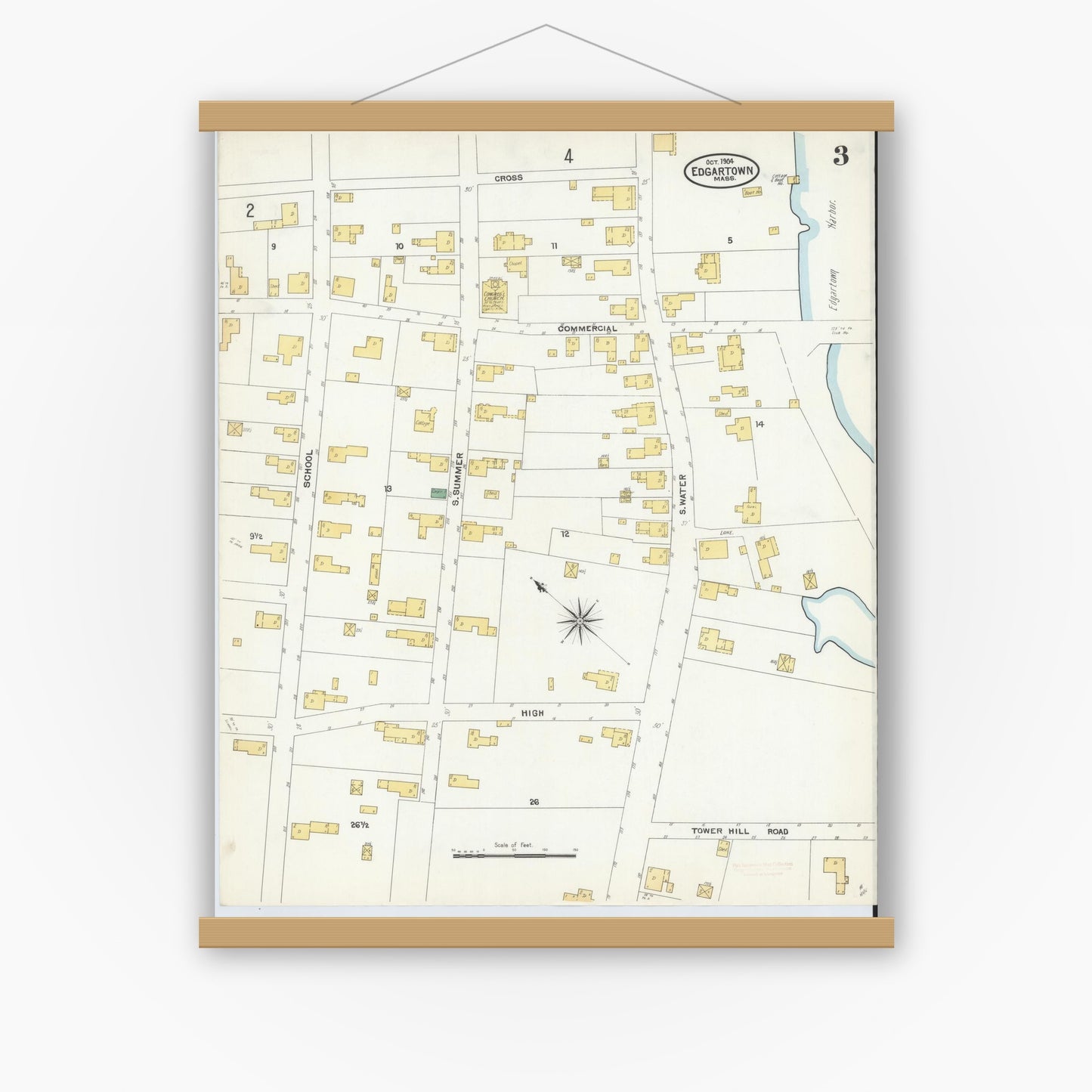 Old map wall art mockup — magnetic wood frame on white wall — Sanborn Fire Insurance Map from Edgartown, Dukes County, Massachusetts (1904), Sheet #0003