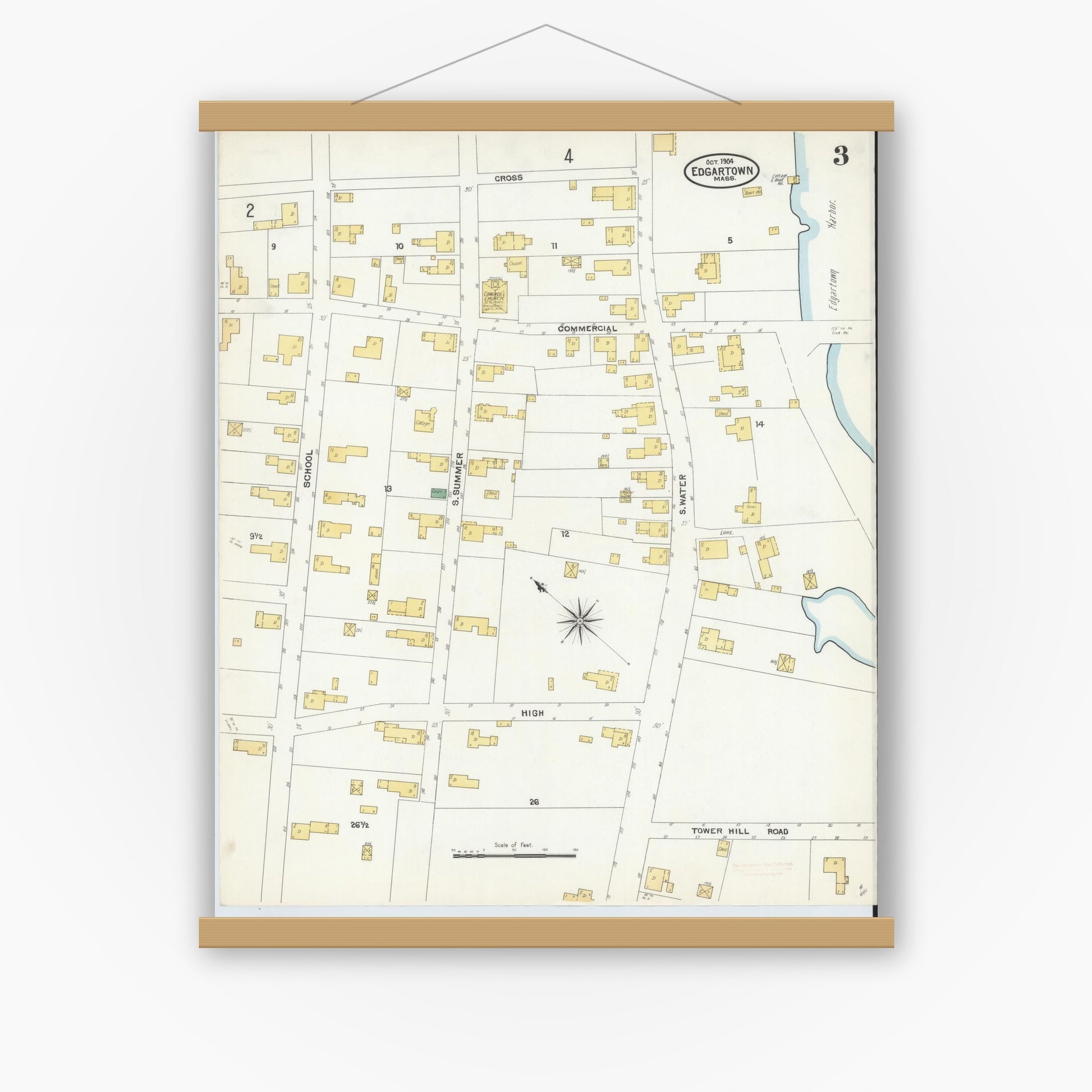 Old map wall art mockup — magnetic wood frame on white wall — Sanborn Fire Insurance Map from Edgartown, Dukes County, Massachusetts (1904), Sheet #0003