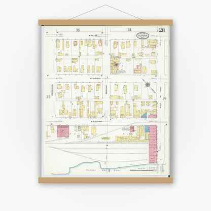 Old map wall art mockup — magnetic wood frame on white wall — Sanborn Fire Insurance Map from Alpena, Alpena County, Michigan (1910), Sheet #0028