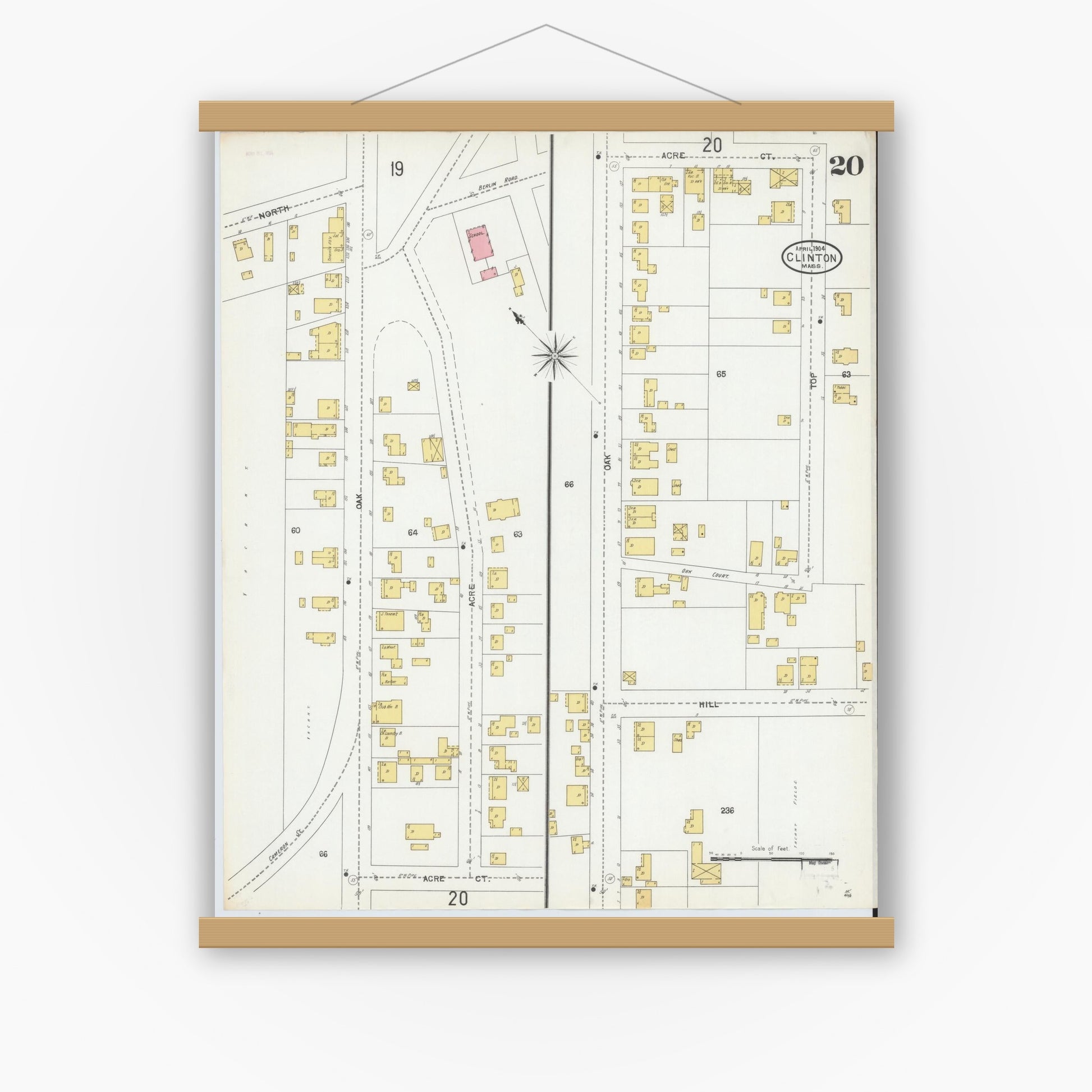 Old map wall art mockup — magnetic wood frame on white wall — Sanborn Fire Insurance Map from Clinton, Worcester County, Massachusetts (1904), Sheet #0020